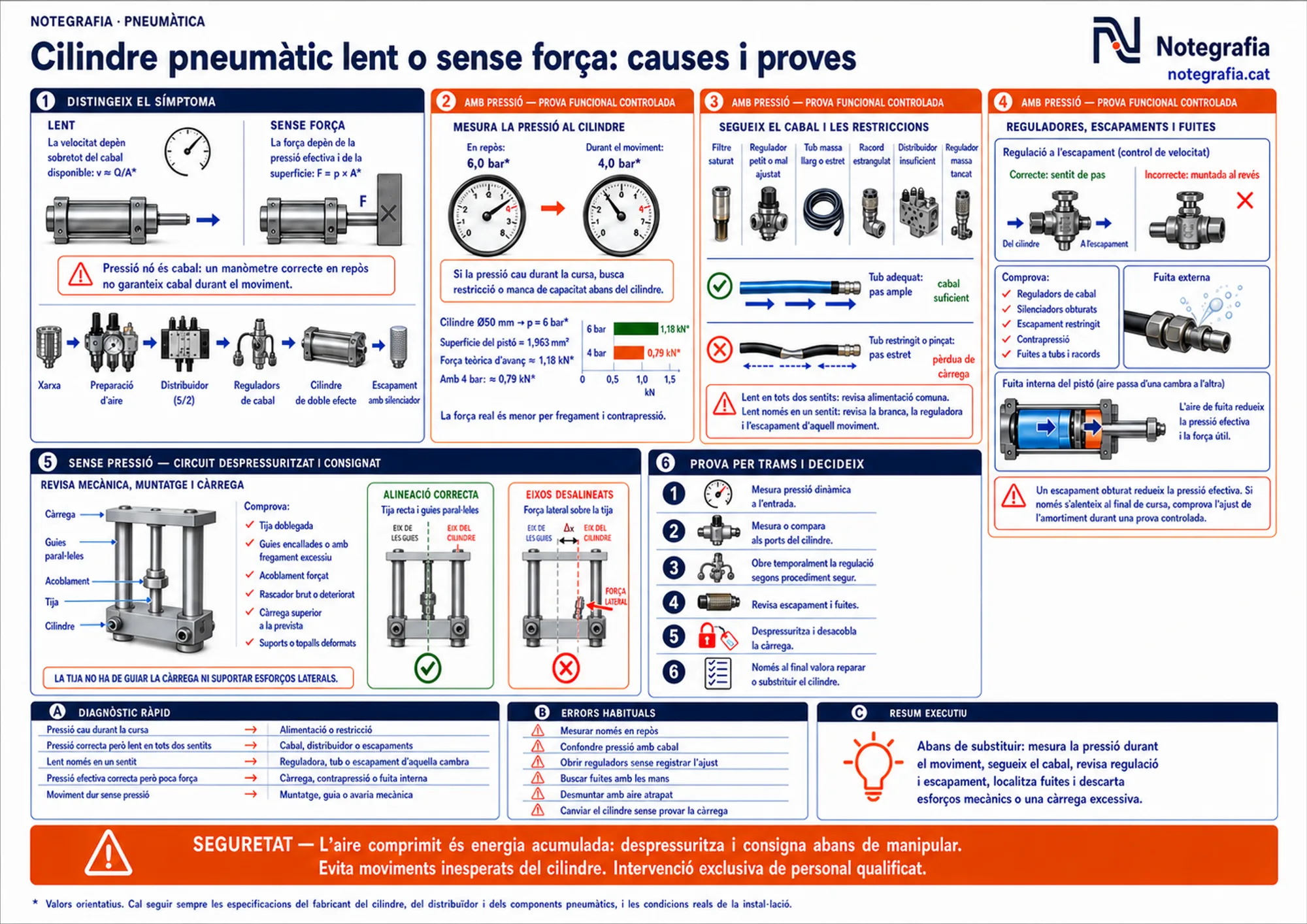 Notegrafia tècnica sobre les causes i proves d'un cilindre pneumàtic lent o sense força: distinció del símptoma amb les fórmules velocitat≈cabal/secció i força=pressió×superfície, mesura de la pressió al cilindre en repòs i durant el moviment amb exemple de força per a un pistó de 50 mm a 6 i 4 bar, seguiment del cabal i les restriccions (filtre saturat, regulador, tub llarg o estret, racords, distribuïdor), reguladores d'escapament amb el sentit de pas, fuites externes i fuita interna del pistó, revisió mecànica amb el circuit despressuritzat i consignat (tija, guies, alineació, càrrega), prova per trams, diagnòstic ràpid símptoma→causa, errors habituals i banner de seguretat de l'aire comprimit com a energia acumulada.
