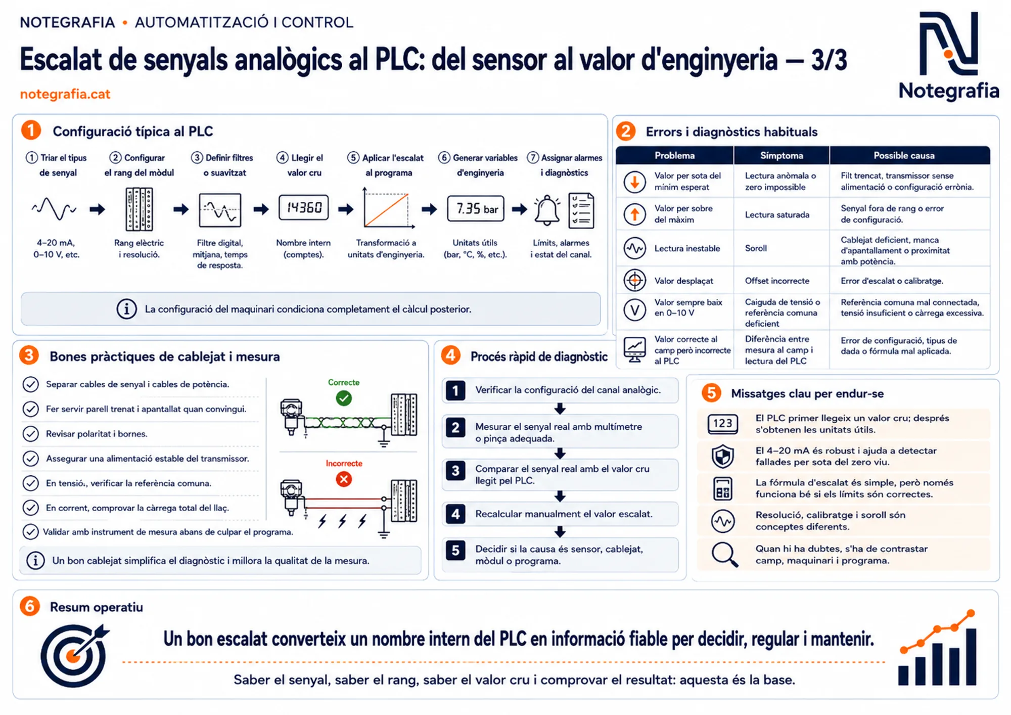 Notegrafia tècnica sobre l'escalat de senyals analògics al PLC (3 de 3): configuració típica del canal analògic en set passos, taula d'errors i diagnòstics habituals amb símptomes i causes, bones pràctiques de cablejat i mesura amb esquema correcte i incorrecte, procés ràpid de diagnòstic en cinc passos i missatges clau per endur-se.