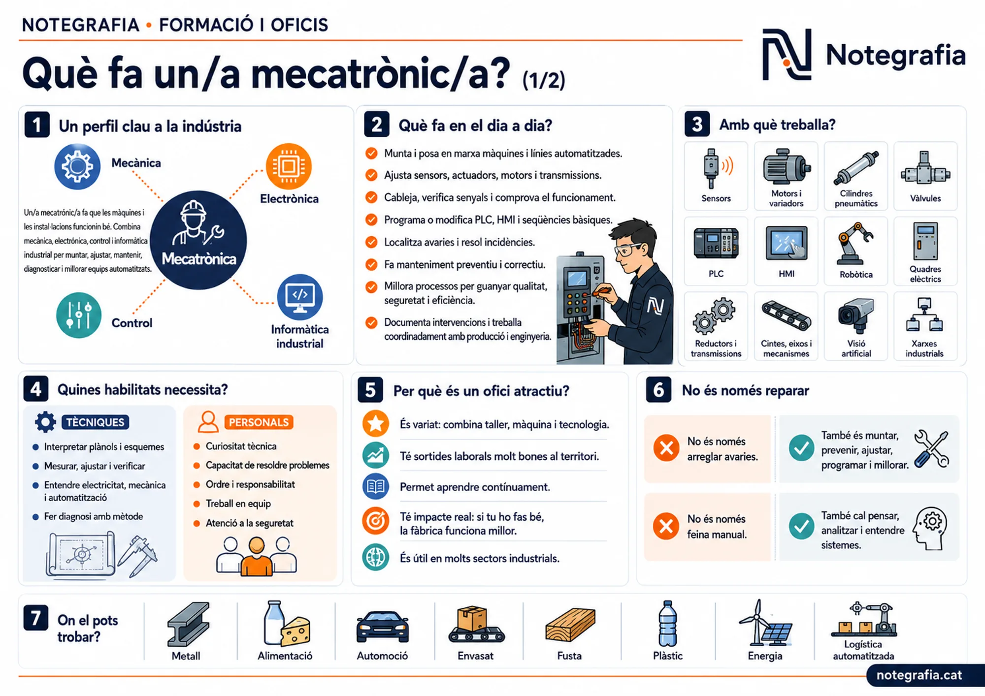 Notegrafia divulgativa sobre l'ofici de mecatrònic/a (1 de 2): els quatre àmbits de la mecatrònica, tasques del dia a dia, equips amb què treballa, habilitats tècniques i personals i sectors on pot treballar.