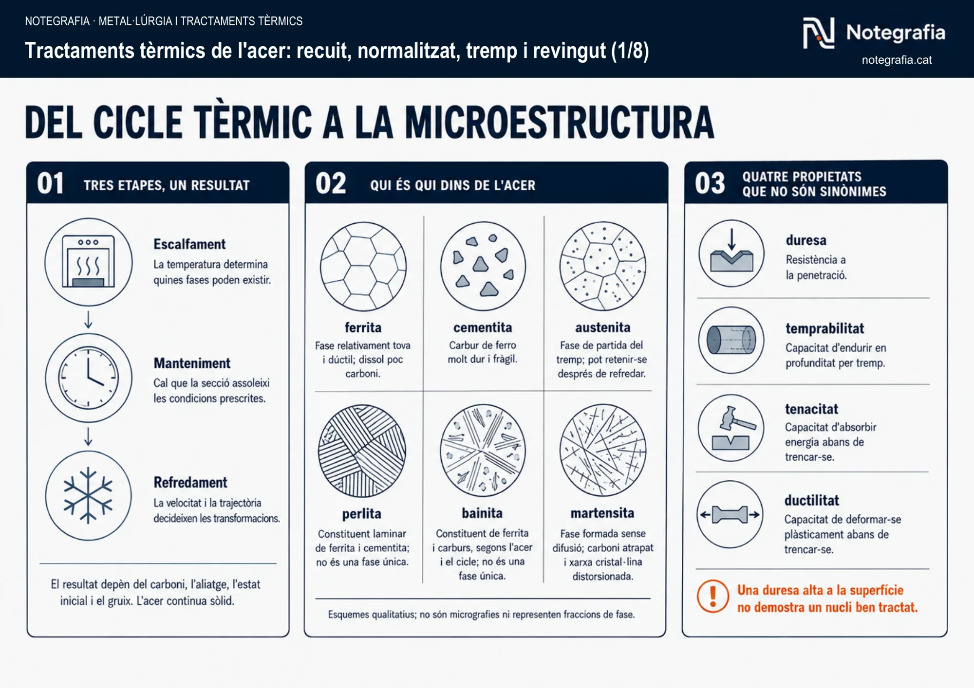 Notegrafia tècnica sobre tractaments tèrmics de l'acer (1 de 8): les tres etapes d'un cicle tèrmic (escalfament, manteniment, refredament), esquemes qualitatius de les sis fases metal·lúrgiques (ferrita, cementita, austenita, perlita, bainita, martensita) i les quatre propietats mecàniques que cal distingir: duresa, temprabilitat, tenacitat i ductilitat.