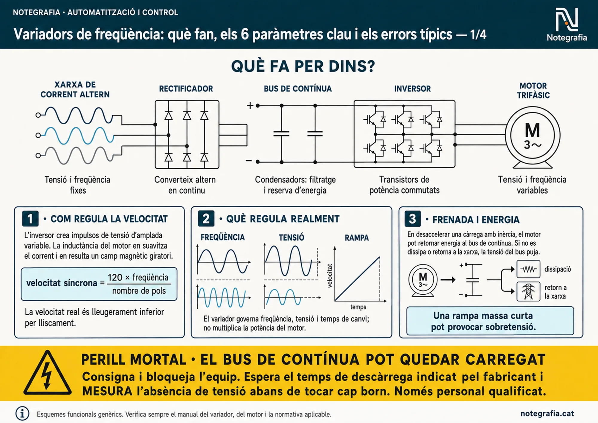 Notegrafia tècnica sobre variadors de freqüència (1 de 4): esquema de l'etapa de potència (xarxa de corrent altern, rectificador, bus de contínua amb condensadors, inversor amb transistors i motor trifàsic), com regula la velocitat amb freqüència i tensió, la frenada i el retorn d'energia al bus, i l'avís de perill mortal pel bus de contínua carregat.